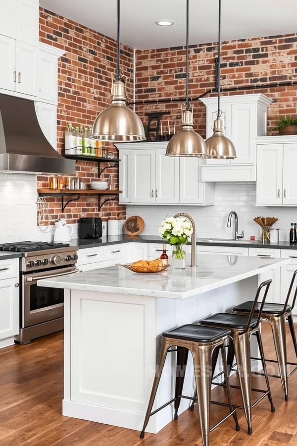 Exposed Brick and Metallic Finishes in Bold Kitchen Design