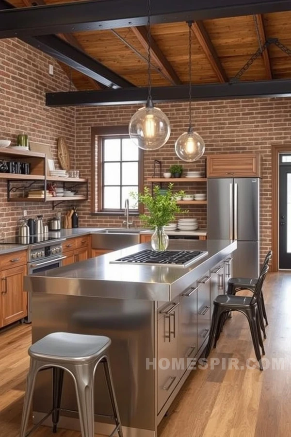 Exposed Brick and Steel Beams in Industrial Craftsman Kitchen