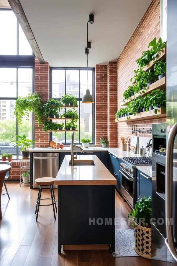 Exposed Brick Urban Kitchen Lighting