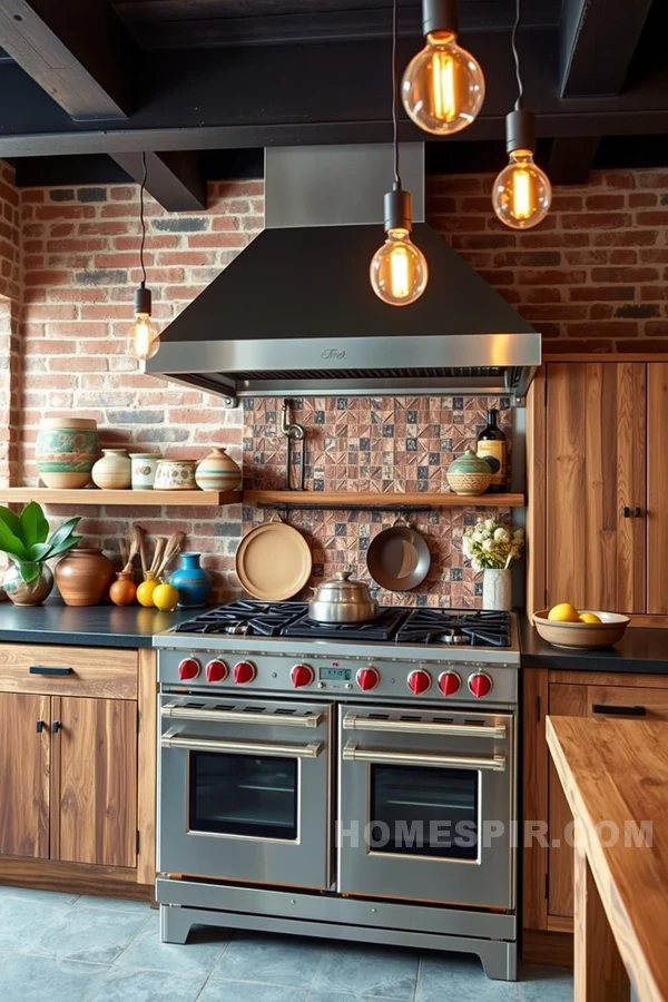 Exposed Brick Walls in Industrial Kitchen Fusion