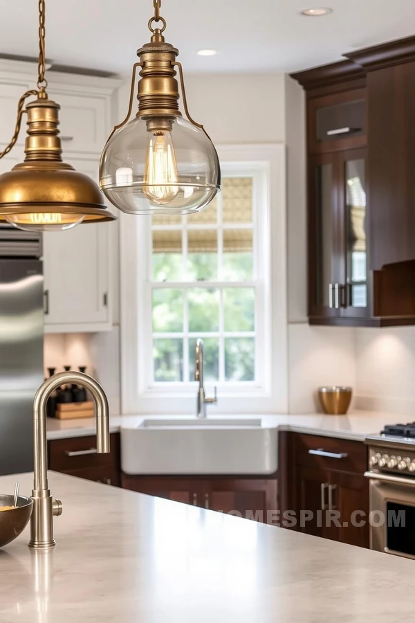 Farmhouse Kitchen with Unique Lighting and Finishes