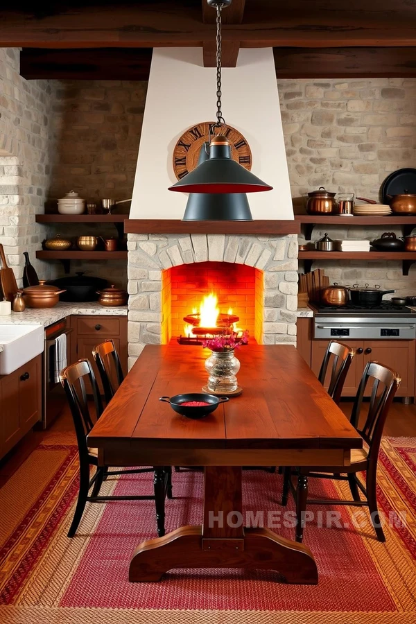 Fireplace-Centric Cozy Rustic Kitchen Layout