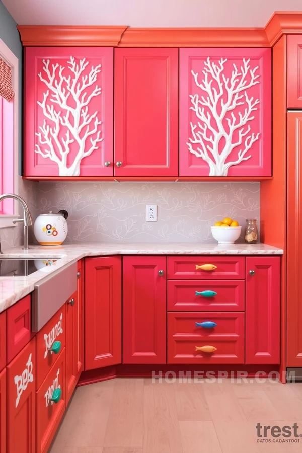 Fish Shaped Drawer Pulls in Coral Inspired Kitchen