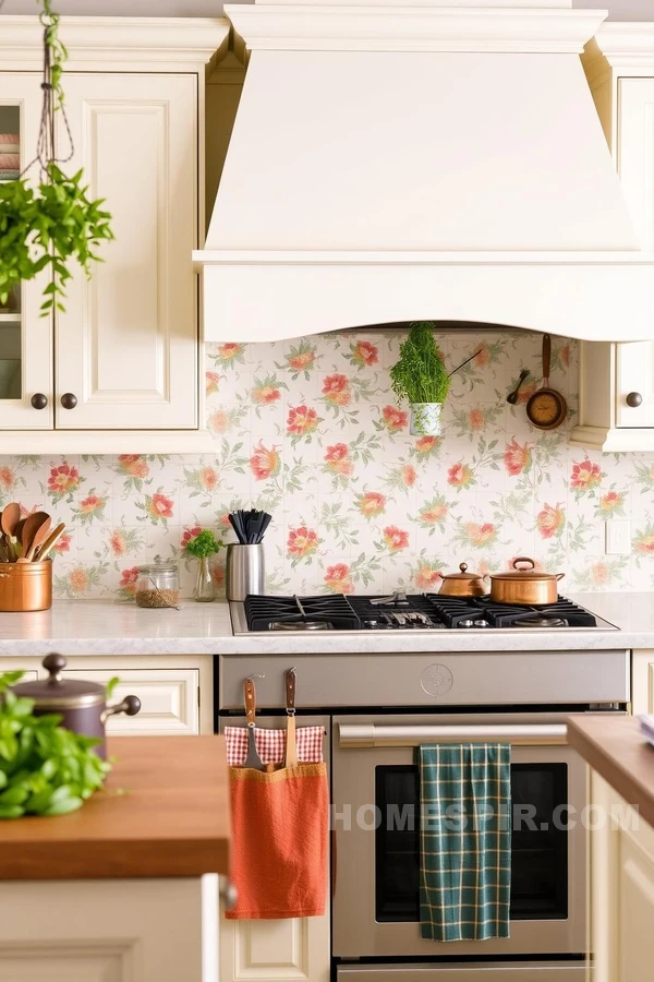 Floral Tile Backsplash in Cottage Kitchen