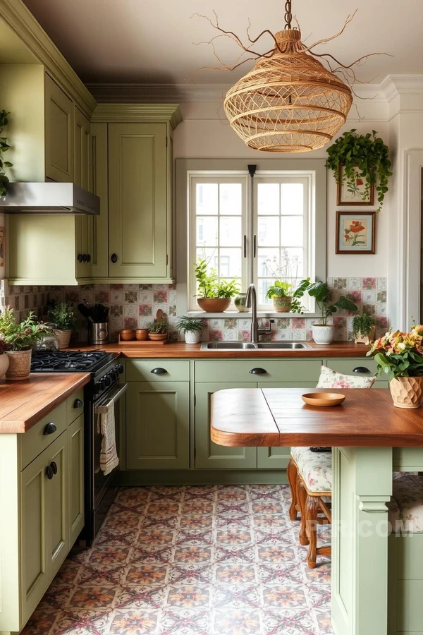 Floral Tiles and Rustic Wood Countertops