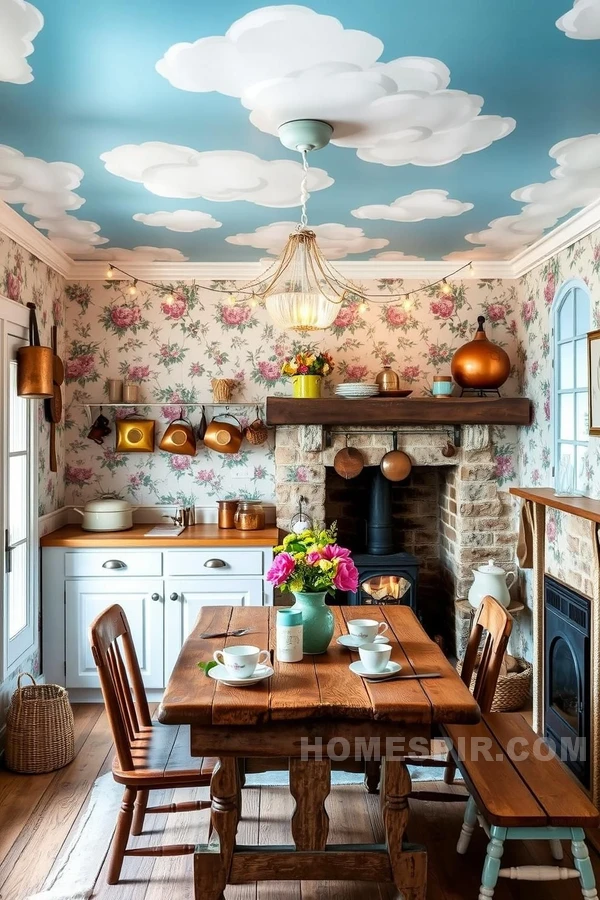 Floral Wallpaper and Vintage Copper Cookware