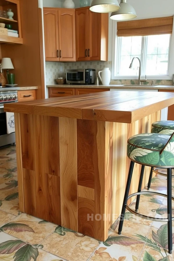 Foliage-Tiled Rustic Kitchen Island Design