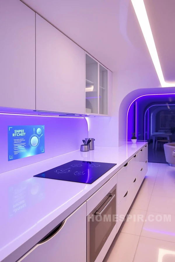 Futuristic White Kitchen with Holographic Interface