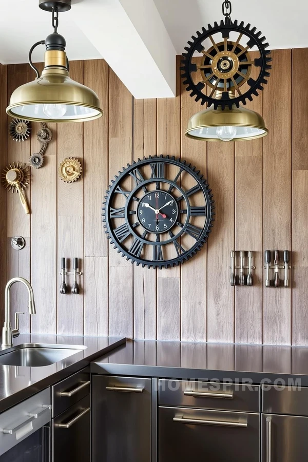 Gear Shaped Clock and Aged Wood Wall