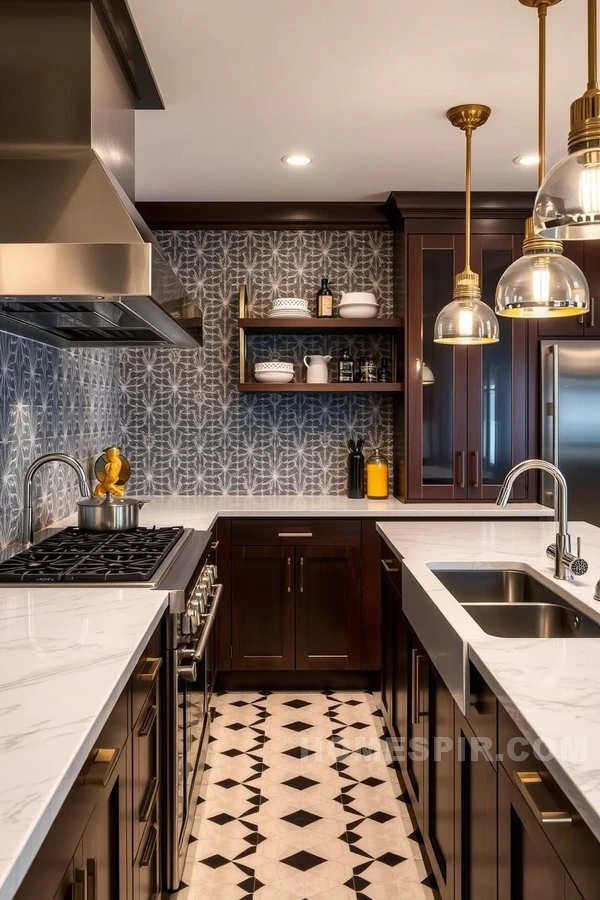 Geometric Tile Backsplash in Art Deco Kitchen