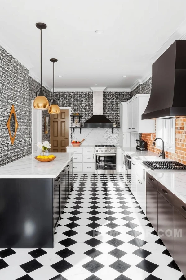 Geometric Wallpaper in Patterned Kitchen