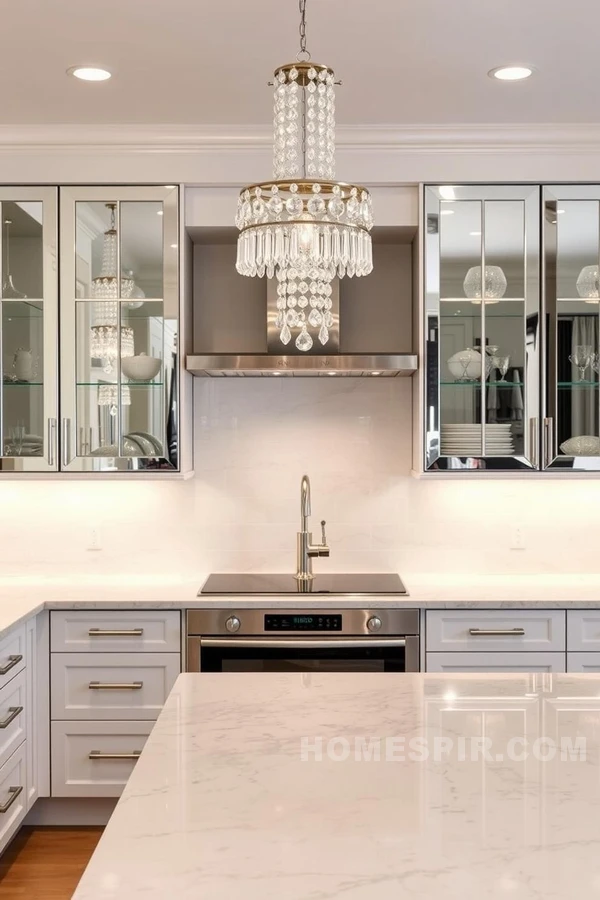 Glam Kitchen with Reflective Mirrored Cabinets