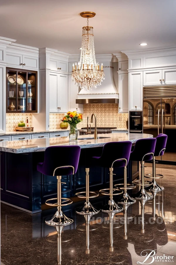 Glamorous Jewel Tone Velvet Stools in Elegant Kitchen