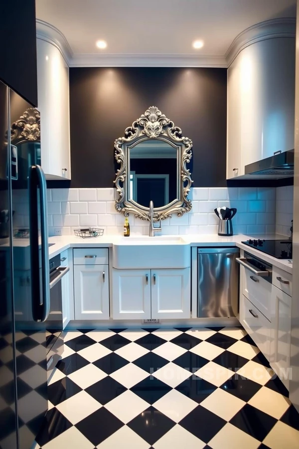 Glossy Cabinets and Antique Mirror Focal Point