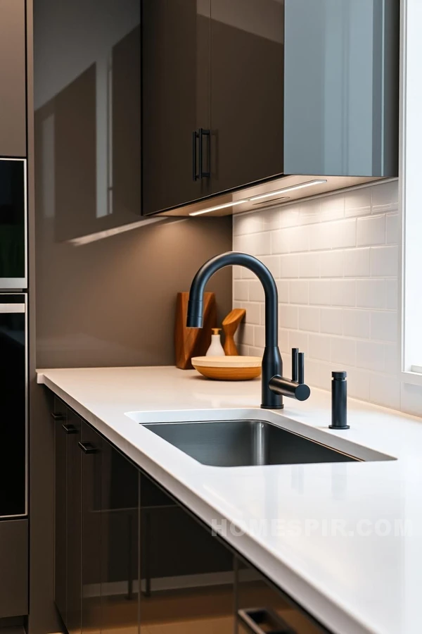 Glossy Cabinets and Matte Accents in Kitchen