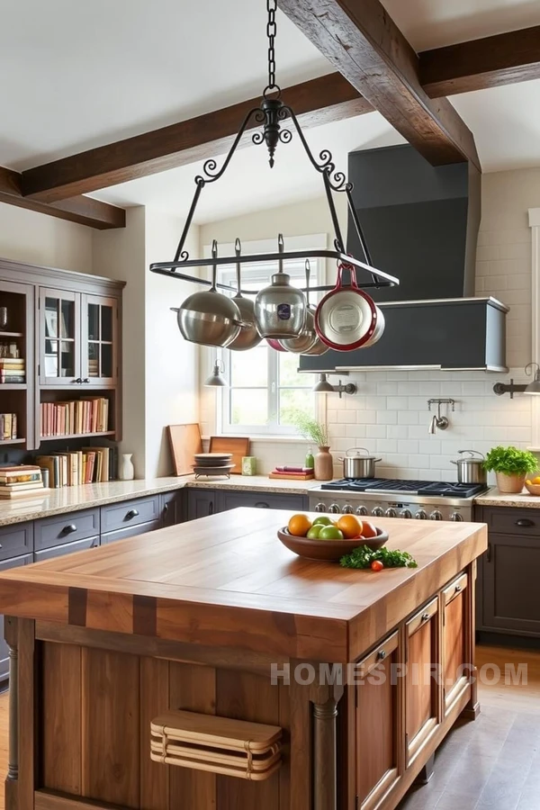 Gourmet Kitchen with Metal Pot Rack