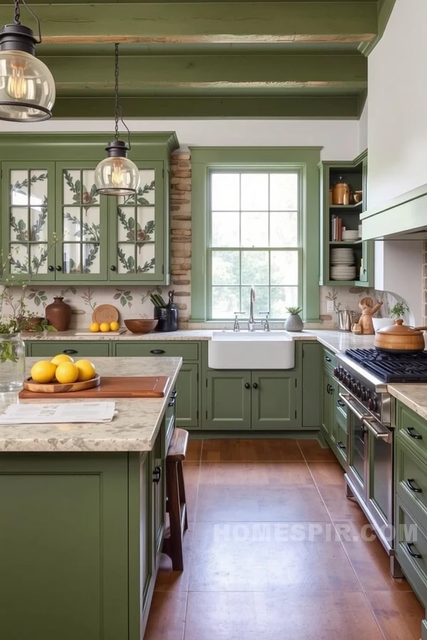 Green Cabinets and Rustic Stone Walls