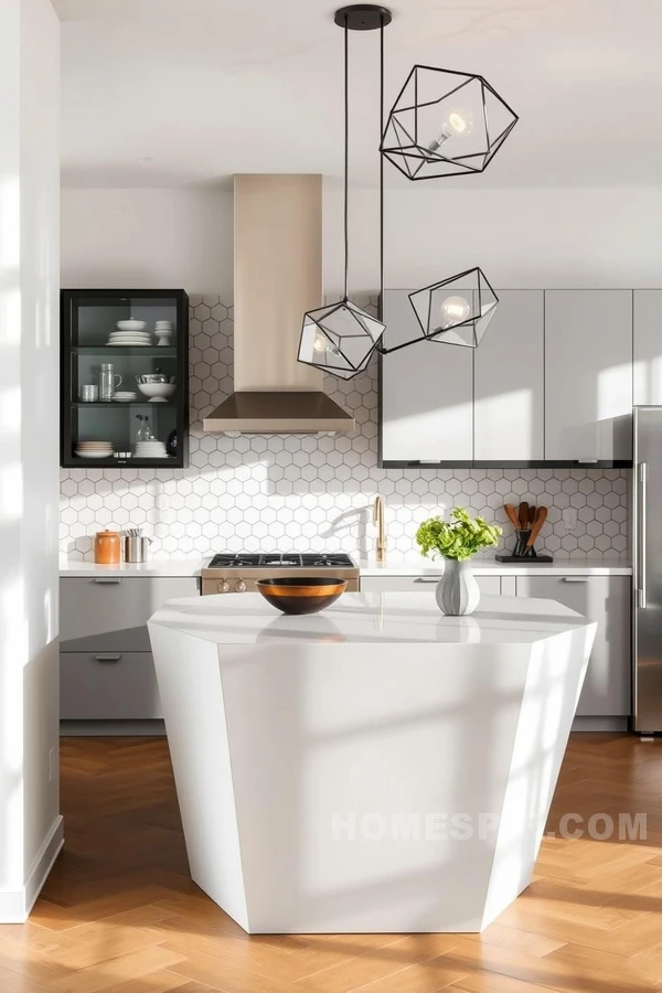 Hexagonal Tile and Geometric Lighting Kitchen Design