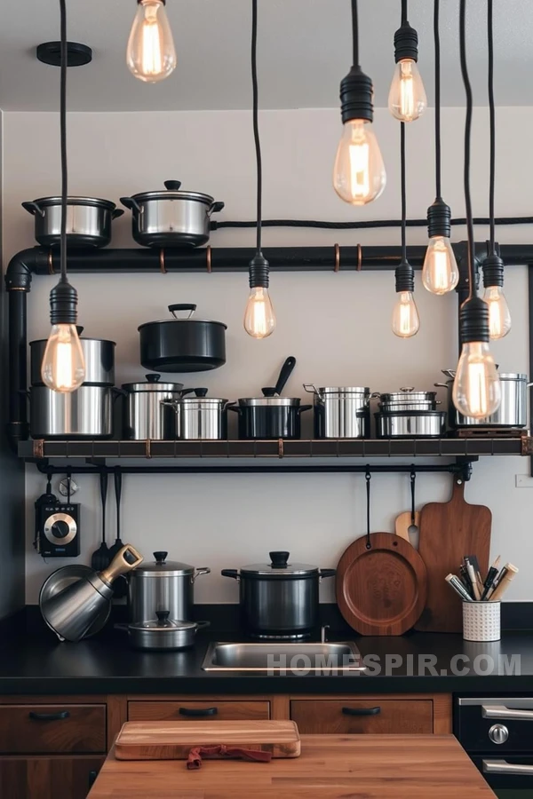 Industrial Kitchen Warmth with Edison Bulbs