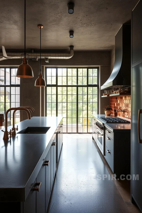 Industrial Kitchen with Copper Tile Backsplash