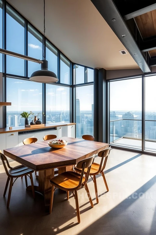 Industrial Lighting and Oak Dining in Modern Kitchen