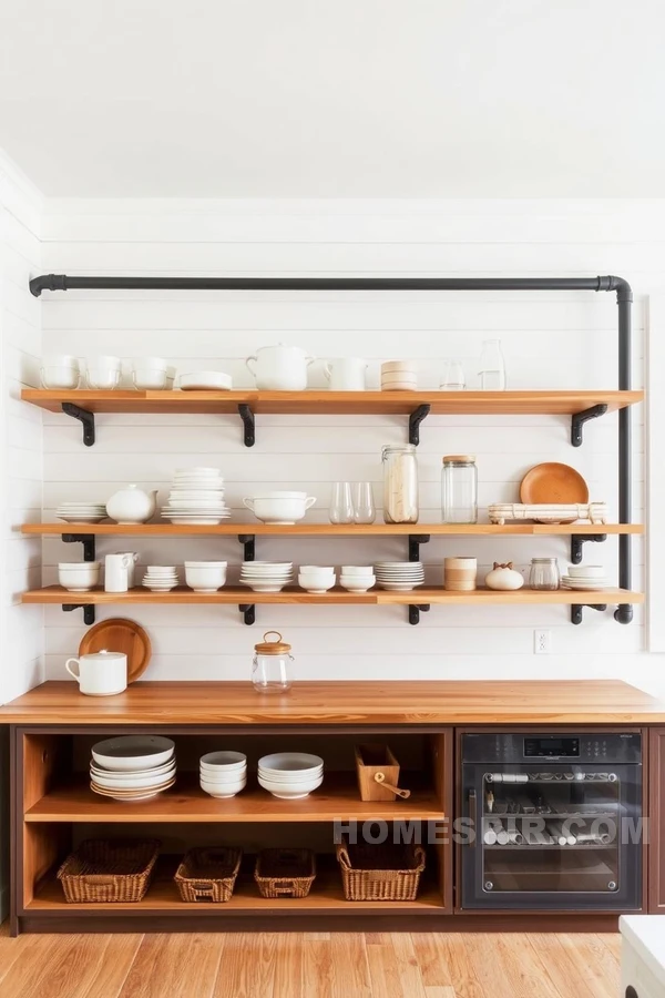 Industrial Pipe Shelving in Bright Farmhouse Kitchen