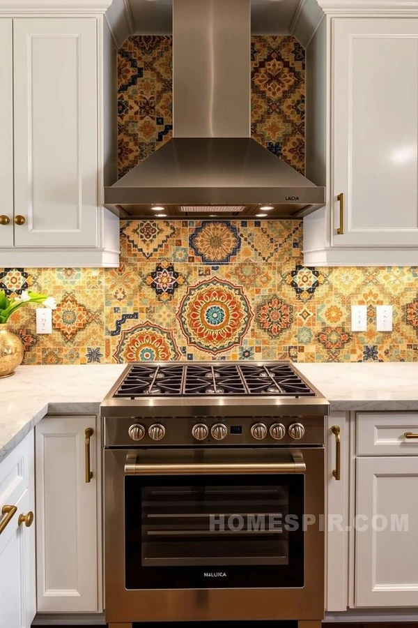 Intricate Mediterranean Backsplash with Brass Fixtures