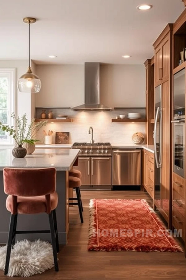 Inviting Kitchen with Plush Rugs and Polished Stone