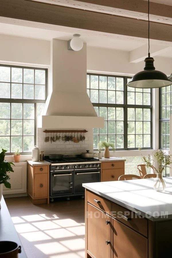 Large Windows Illuminate Modern Artisan Kitchen