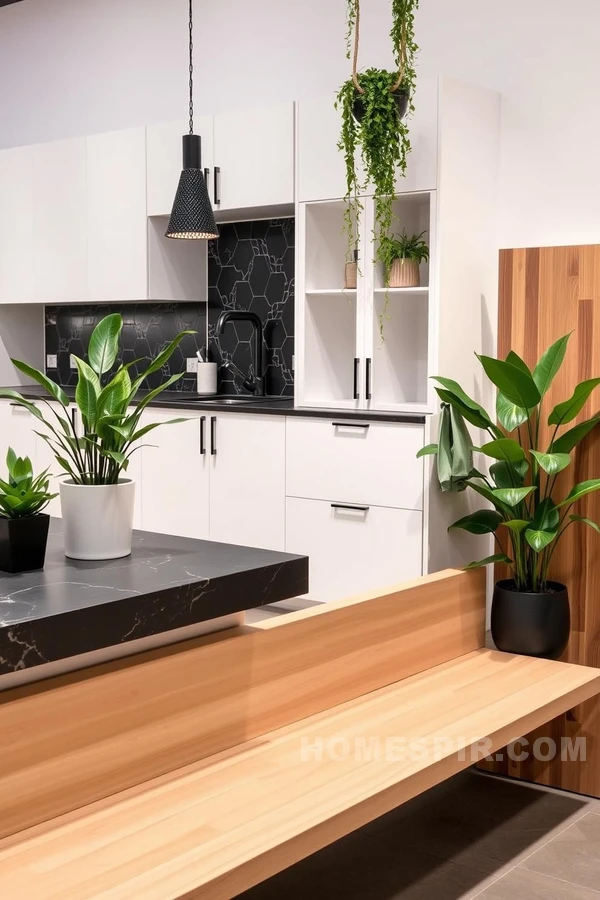 Light Wood Benches with Green Plants in Kitchen