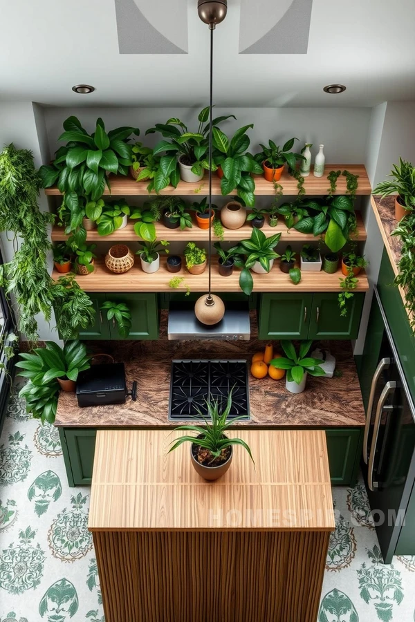 Lush Green Kitchen with Hanging Plants