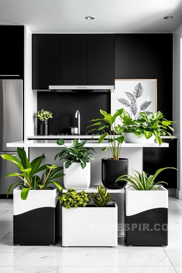 Lush Greenery in Monochrome Kitchen