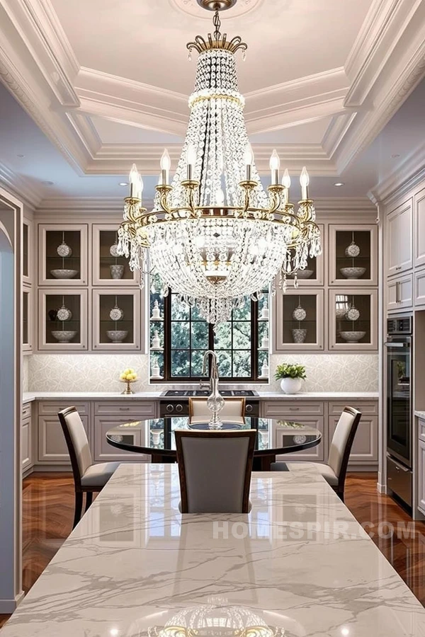 Marble and Chandelier Glamour in Kitchen