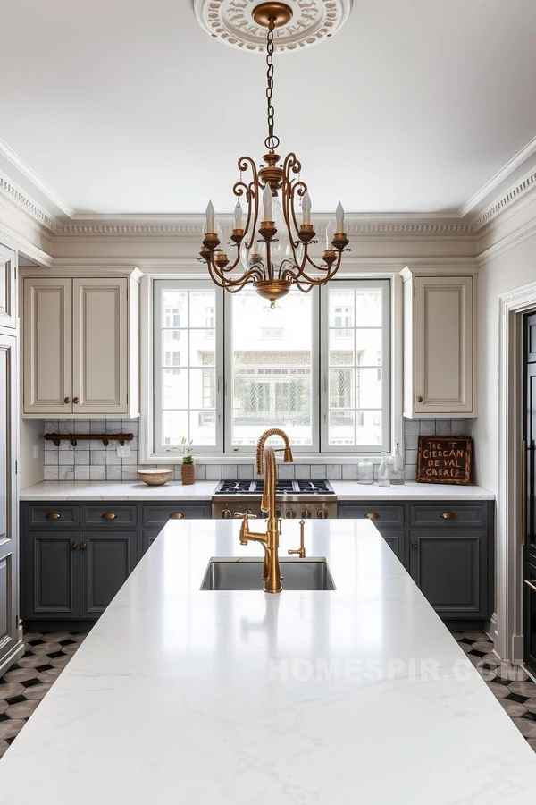 Marble Island and Brass Accents in Paris Kitchen