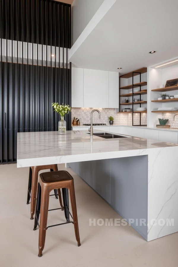 Marble Island and Rusted Iron Stools Kitchen