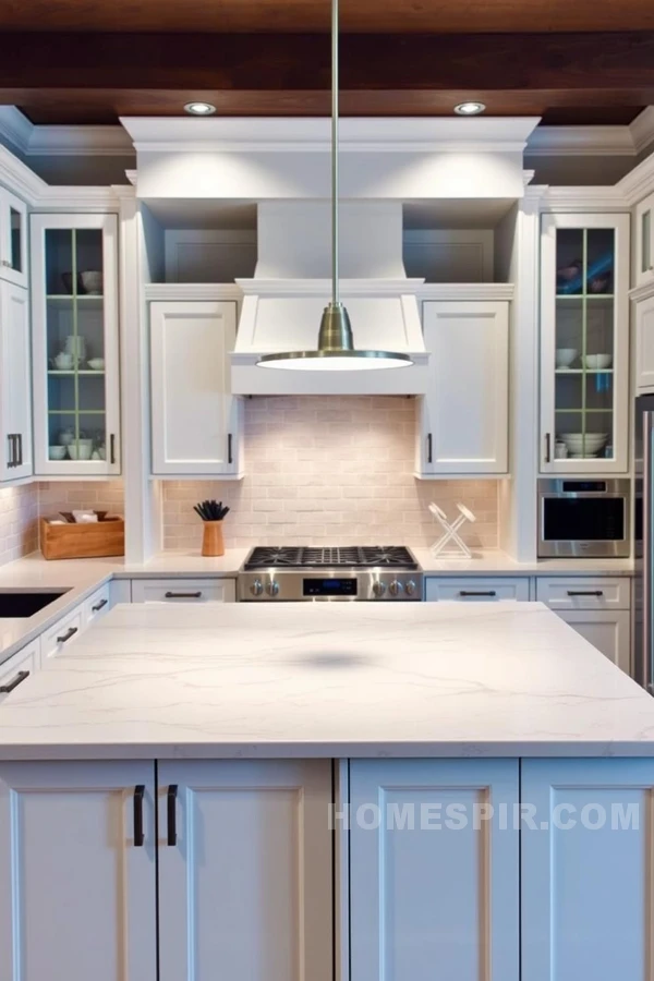 Marble Island with Minimalist Lighting in Kitchen