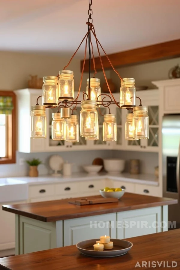 Mason Jar Chandeliers Illuminate Cottage Kitchen Islands