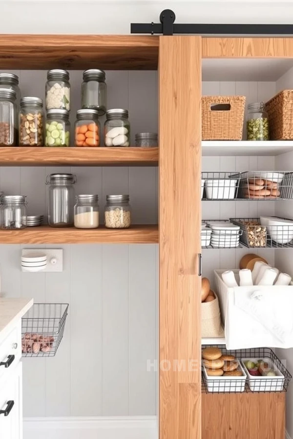 Mason Jars and Metal Baskets in Pantry