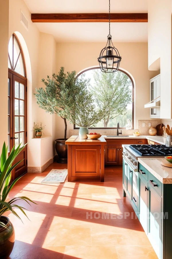 Mediterranean Kitchen Oasis with Sunlit Arched Windows