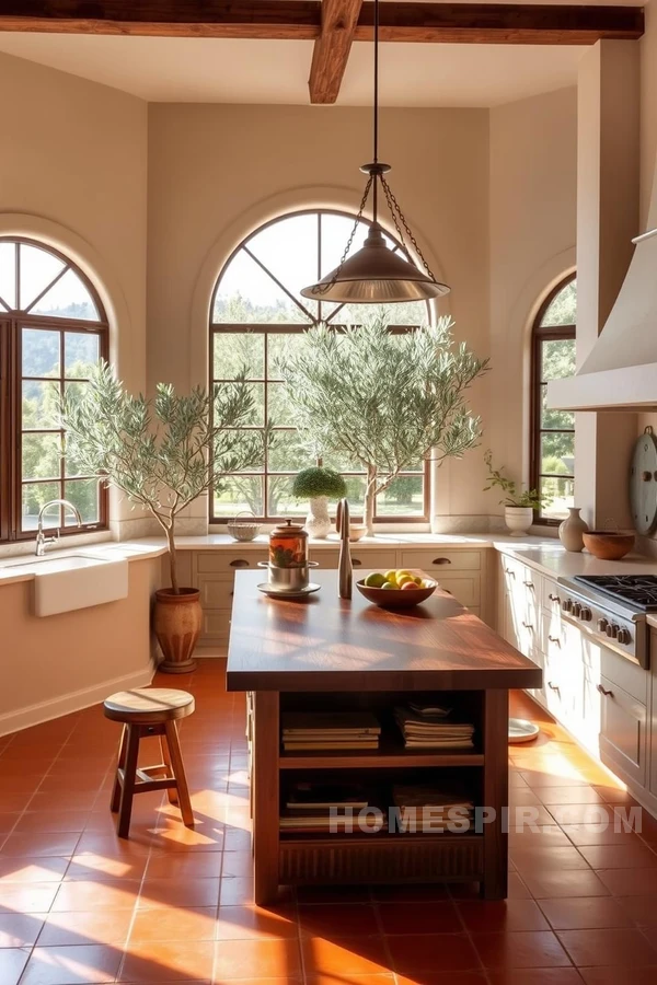 Mediterranean Kitchen Retreat with Wooden Island and Olive Trees