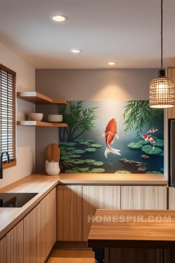 Minimalist Bamboo Accents and Koi Pond Mural