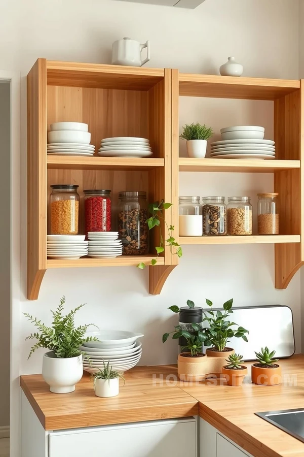 Minimalist Bamboo Shelving with Pastel Dishes