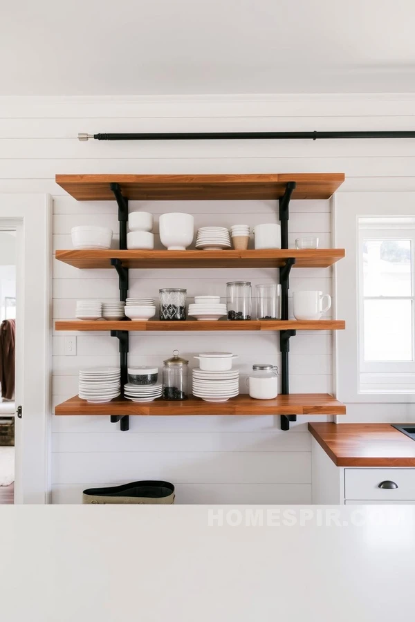 Minimalist Farmhouse Kitchen with Open Wooden Shelving