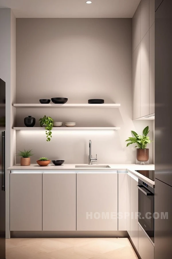 Minimalist Kitchen with Floating Shelves and Soft Hues