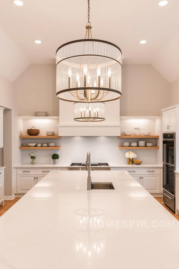 Minimalist Kitchen with Oversized Lighting and Marble Island