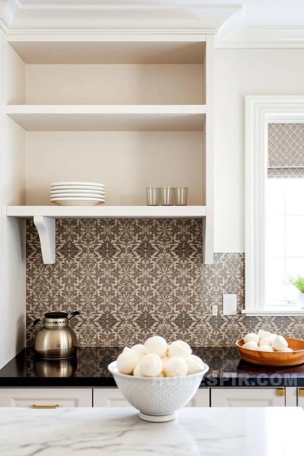 Minimalist Shelving and Ornate Tile Backsplash