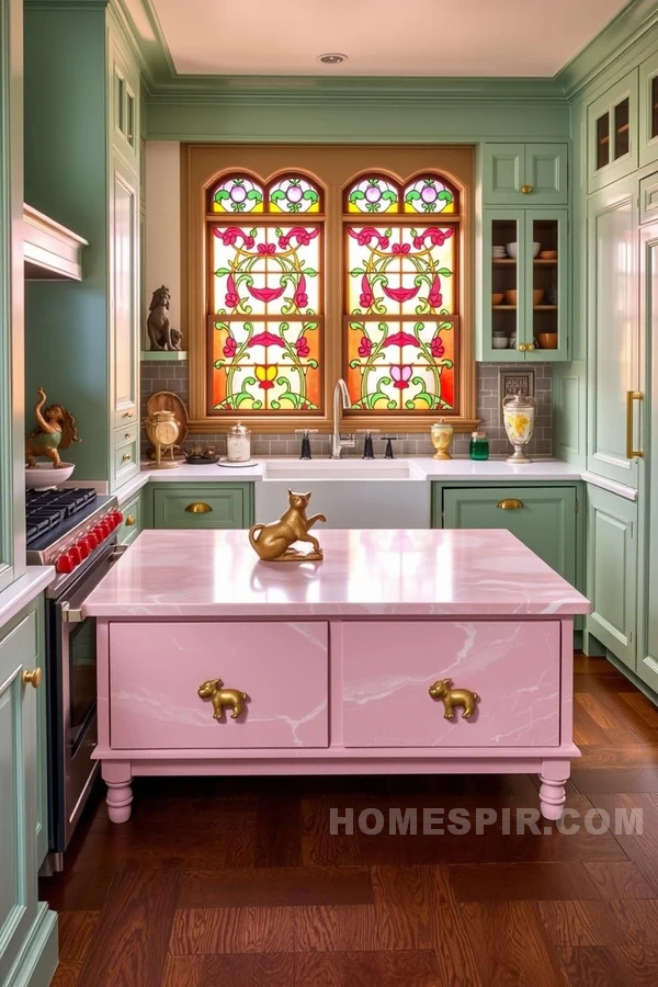 Mint Green Cabinets with Pink Marble Island