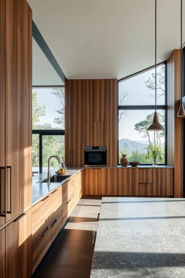 Mixed Material Kitchen with Seamless Glass Walls