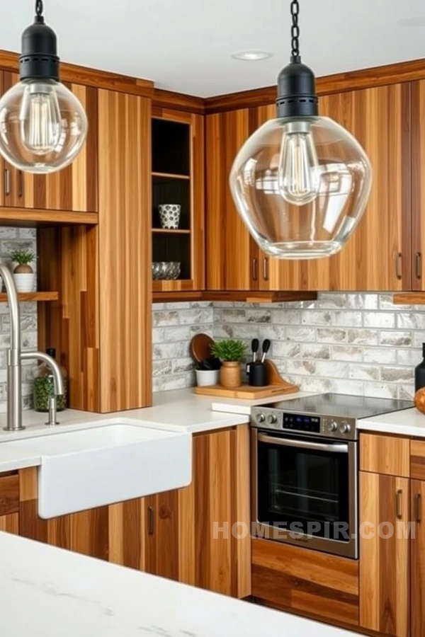 Mixed Wood Cabinets with Industrial Lights