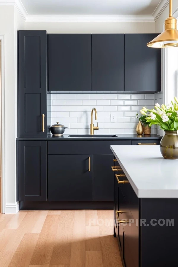 Modern Matte Black Kitchen with Brass Details